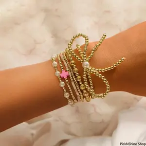 6Pcs Boho Stackable Bracelet Set, Gold Beaded & Pink Cross Pearl Elastic Bracelets, Trendy Bohemian Layered Jewelry for Women, Ideal for Daily Wear & Gifting