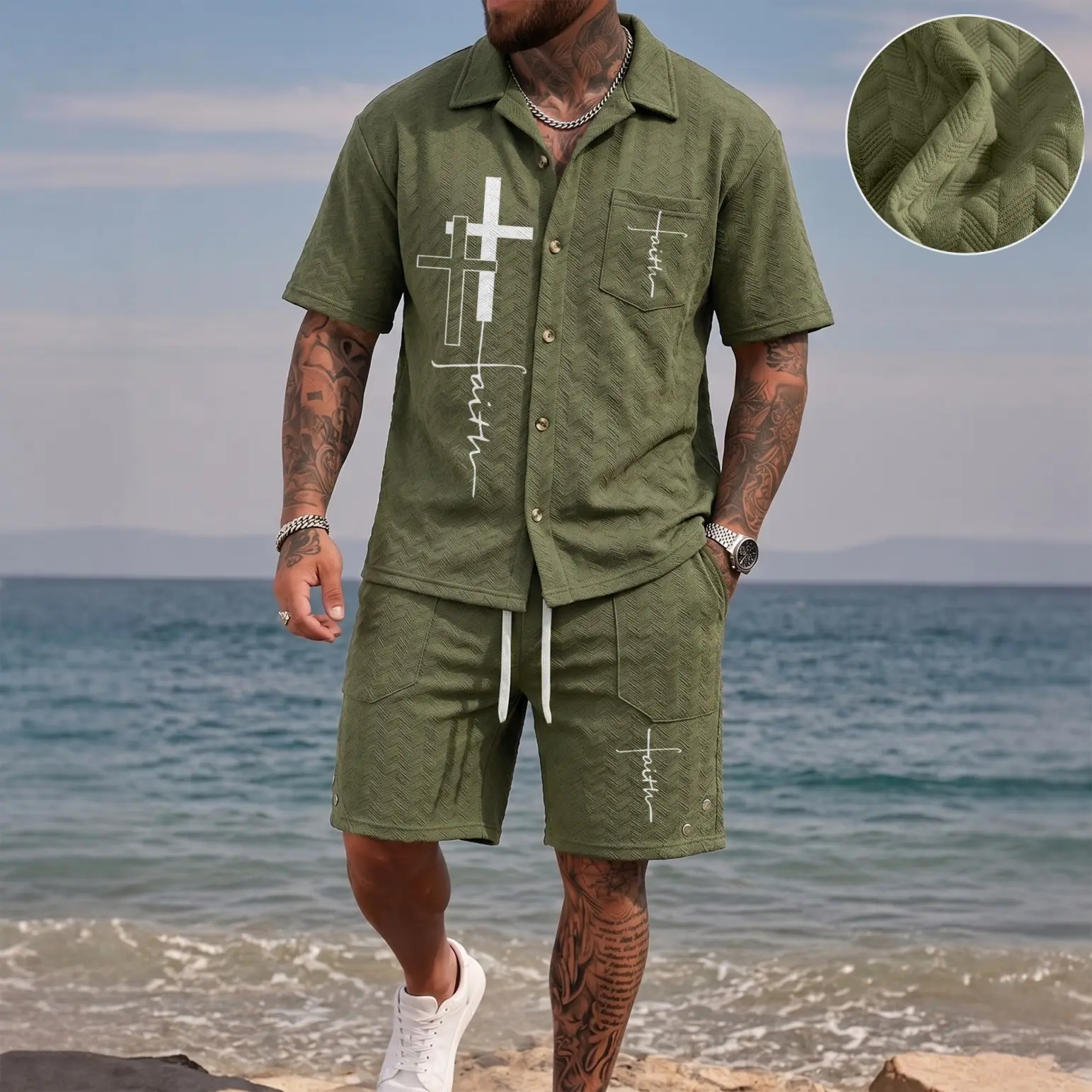 Men’s Faith Cross Graphic Print Waffle Fabric Shirt and Shorts Set, 2 Piece Button Up Short Sleeve Casual Outfit, Christian Letter Print Summer Casual Set, Lightweight Textured Matching Set