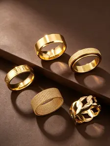 5 Pcs Men Stainless Steel Ring Set, 3 Tones 18K Gold Tone Silver Black Gunmetal, Roman Numeral Mesh Spinner Brushed Hollow Chain Stackable Band Rings, Hypoallergenic Tarnish Free Vintage Daily Wedding Jewelry Gift For Guys