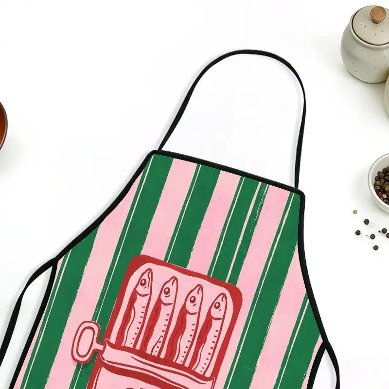 Funny Red Sardine Can Print Kitchen Apron, Vertical Pink Green Stripe Background Design, Multiple Specifications Available New Style, Ideal for Home Cooking Baking & Kitchen Daily Use