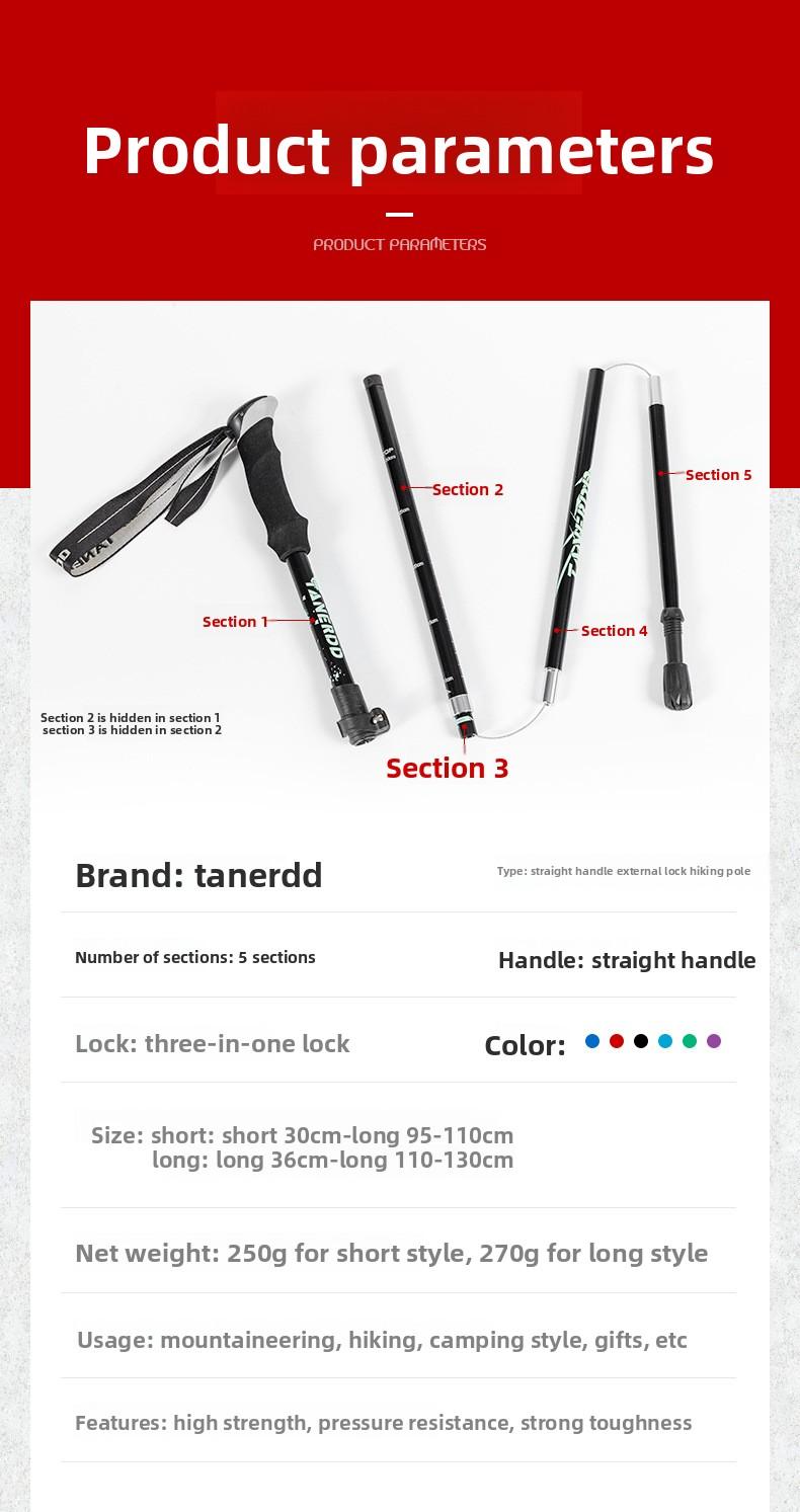 Aluminum alloy folding trekking pole, ultra-light and ultra-short, telescopic outdoor walking stick for hiking and climbing, 5-section walking pole