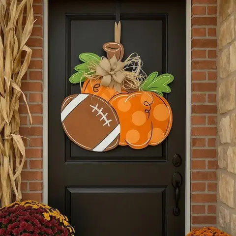 Football Pumpkin Fall Door Hanger - Wood Thanksgiving, Halloween & Decor with American Football Design, Orange & White Pumpkins, Ribbon Accents for Front Door, Porch, or Home Entrance, Festive Entrance Decor, Festive Decorations | Durable Decor