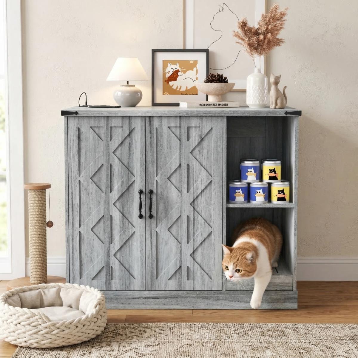 Cat Litter Box Cabinet with Power Outlet, Modern Litter Box Furniture for Large Automatic Litter Boxes, Hidden Litter Box Enclosure with Litter Catcher, Adjustable Storage Shelves, Gray