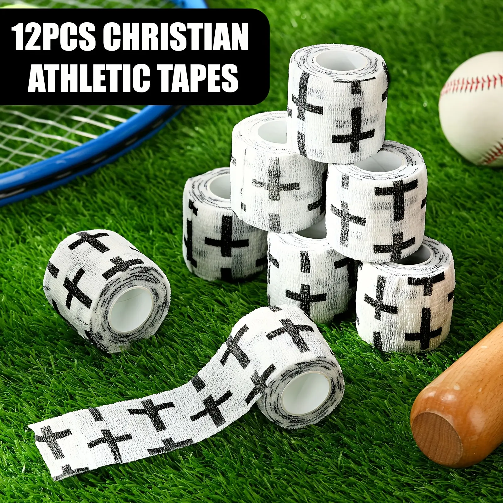 12 pieces of punk cross sports tape, self-adhesive breathable elastic bandage, non-woven material, suitable for wrists, ankles, baseball, football, etc. - black cross design