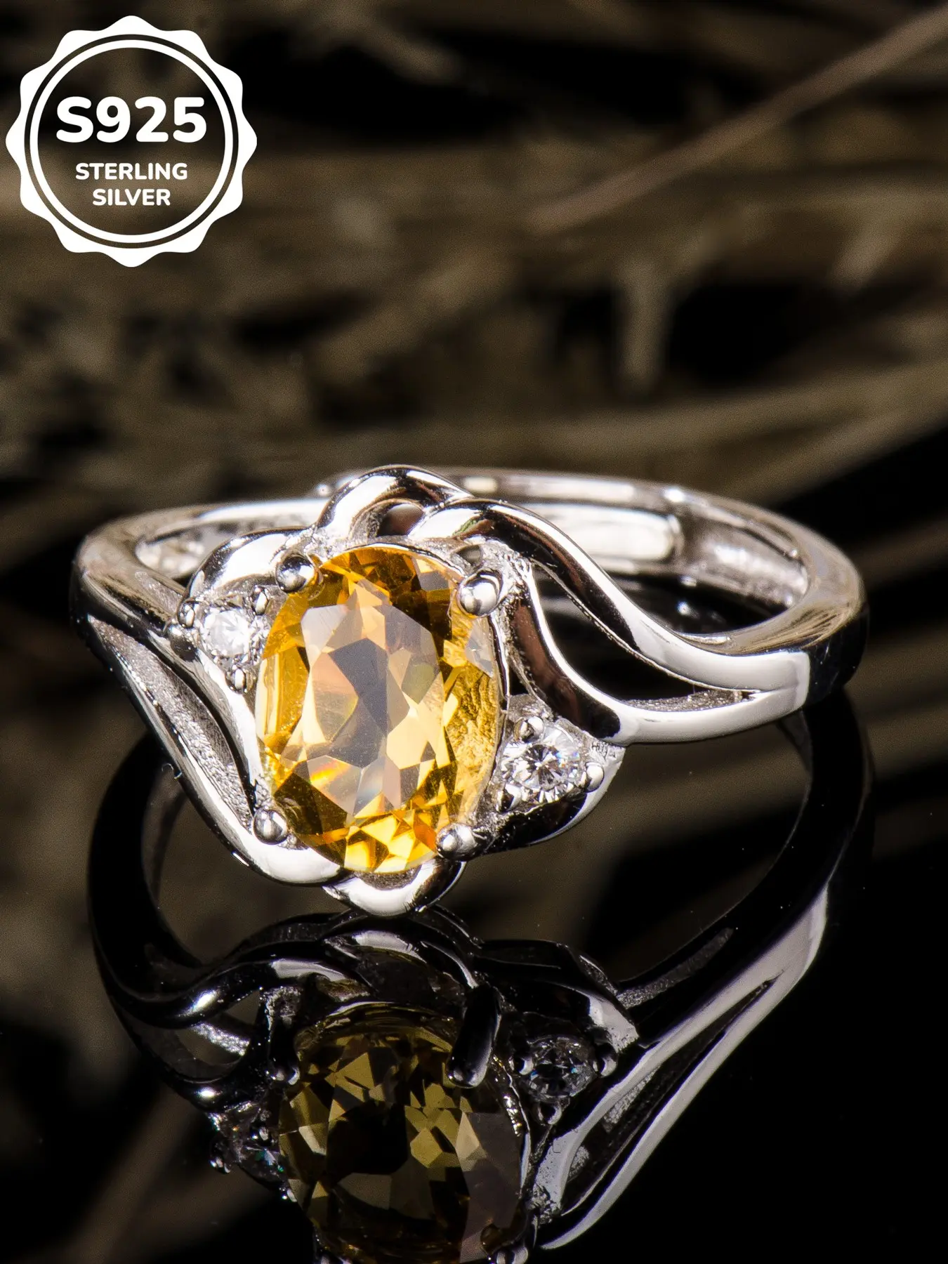 Natural Oval Yellow Citrine Ring, 925 Sterling Silver Gemstone Ring, Adjustable Solitaire Ring with Zircon Accents, Gift for Women, Beautiful Rings