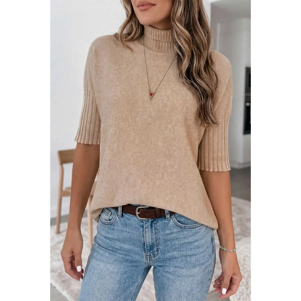 Solid Short Sleeve Turtleneck Sweater for Women, Comfortable Casual Knit Pull On Top with Ribbed Trim, Style, Lady