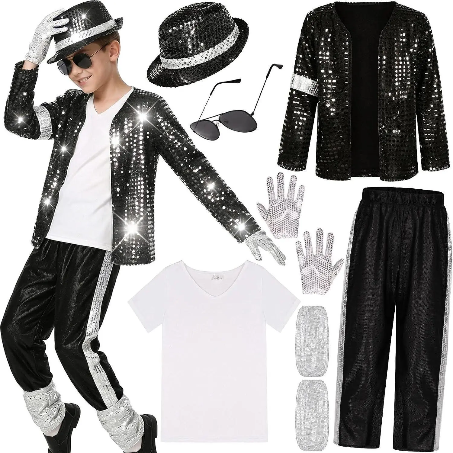 Kids Toddler 7Pcs  70s 80s 90s Pop Star Sequin Costume, Retro Disco Stage Performance & Dance Party Outfit for Halloween Cosplay