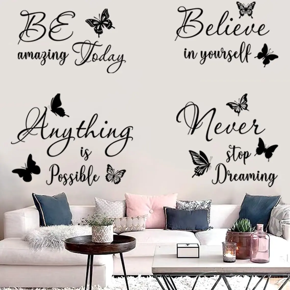 4 count Inspirational Vinyl Wall Decal Stickers Motivational Quote Peel and Stick Positive Saying tickers for Living Room Bathroom Bedroom Office Family Décor Wall Decoration.