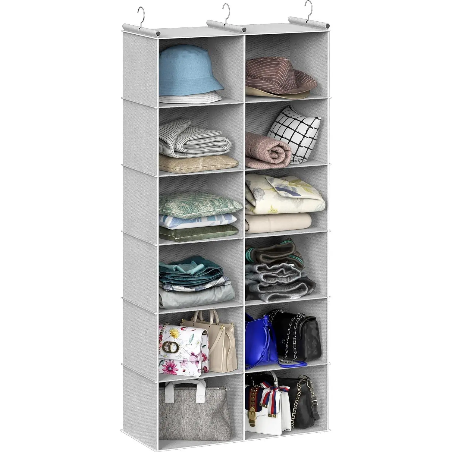 Women's Hanging Closet Organizer Rack - 6 Double-Wide Units, 12 Large Home Storage Space Saver Shelves, Gray, Racks, Hanging Shelves