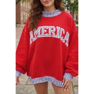 Red Plaid Trim High Neck AMERICA/ USA Letter Graphic Baggy Sweatshirt