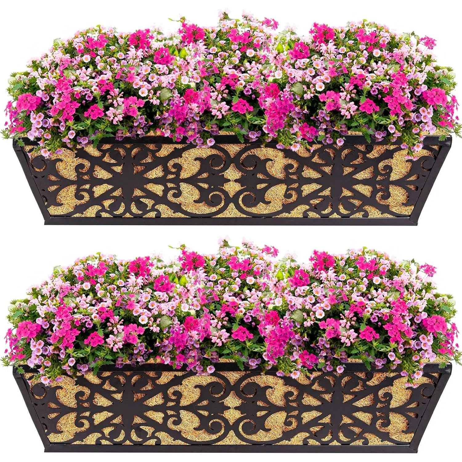 2 Pack 24 Inch Window Boxes Planters Railing Planter Box with Adjustable Brackets & Coco Liners Fabric  Grow Bags Deck Railing Planter Boxes Balcony  Flower Box for Outdoor