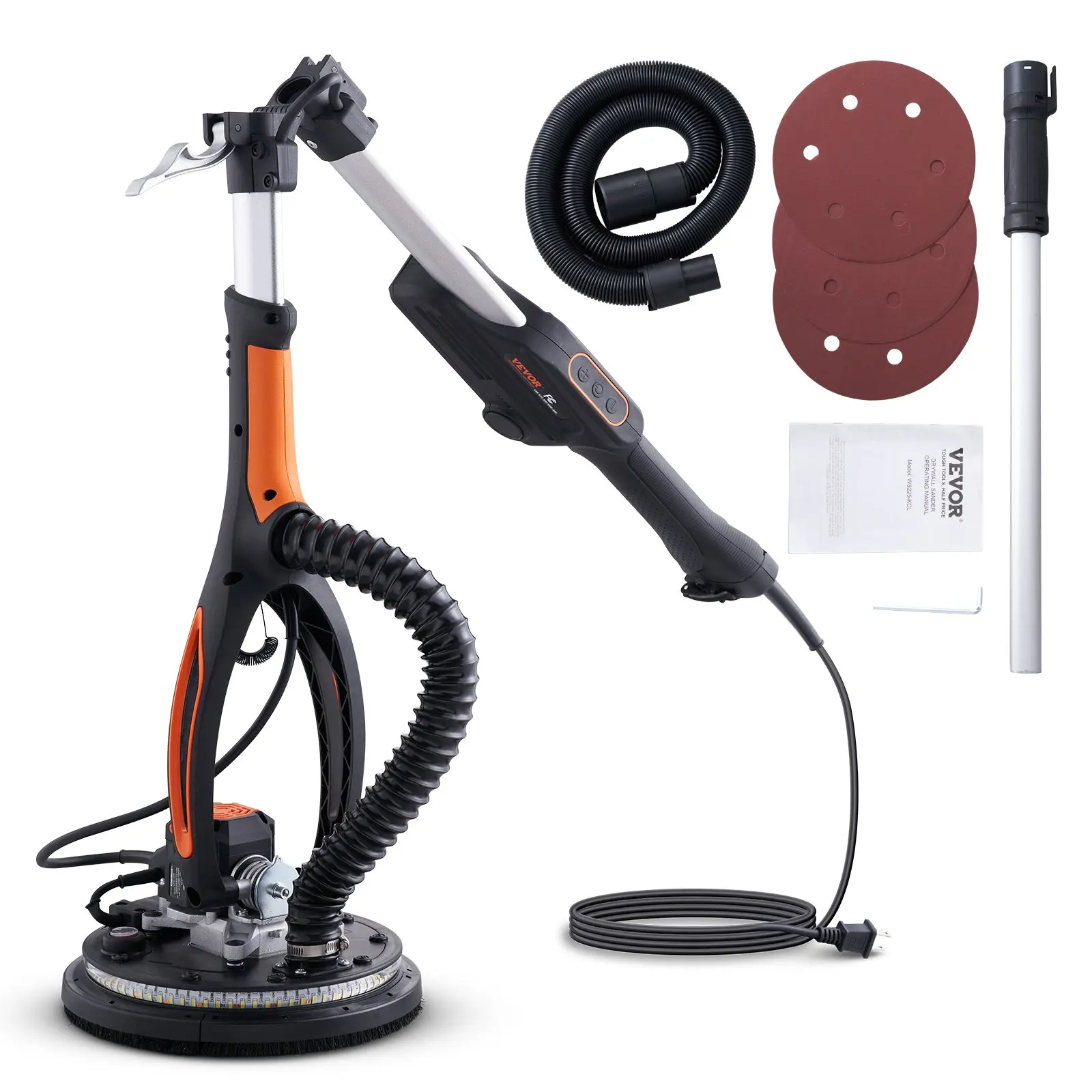 VEVOR Drywall Sander, 800W Brushless Motor Electric Sander, Variable Speed 1000-2300 RPM Wall Sander, Foldable Ceiling Sander with Double-Deck LED Lights, Extendable Handle, 12 Sanding Discs