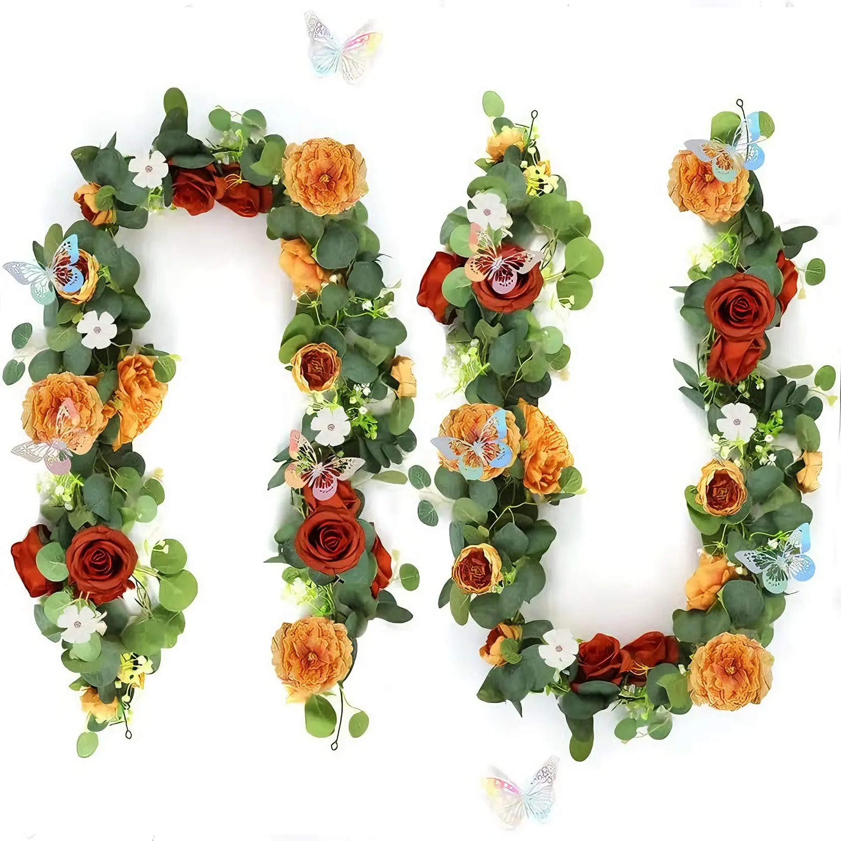 2-Pack Decorative Artificial Eucalyptus & Navy Blue Rose Garland with 3D Silver Butterflies, 180cm Silk Faux Floral Vine, Sage Ornaments for Wedding Arch, Photo Backdrop, Table Home Wall Decor, Climbing Vines Artificial Flowers