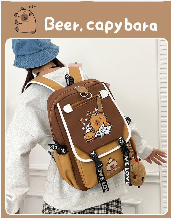 Capybara Backpacks Schoolbag for Teenage Waterproof Girls Boys Backpack Female Travel Bag Bookbag Mochila with Plush Keychain