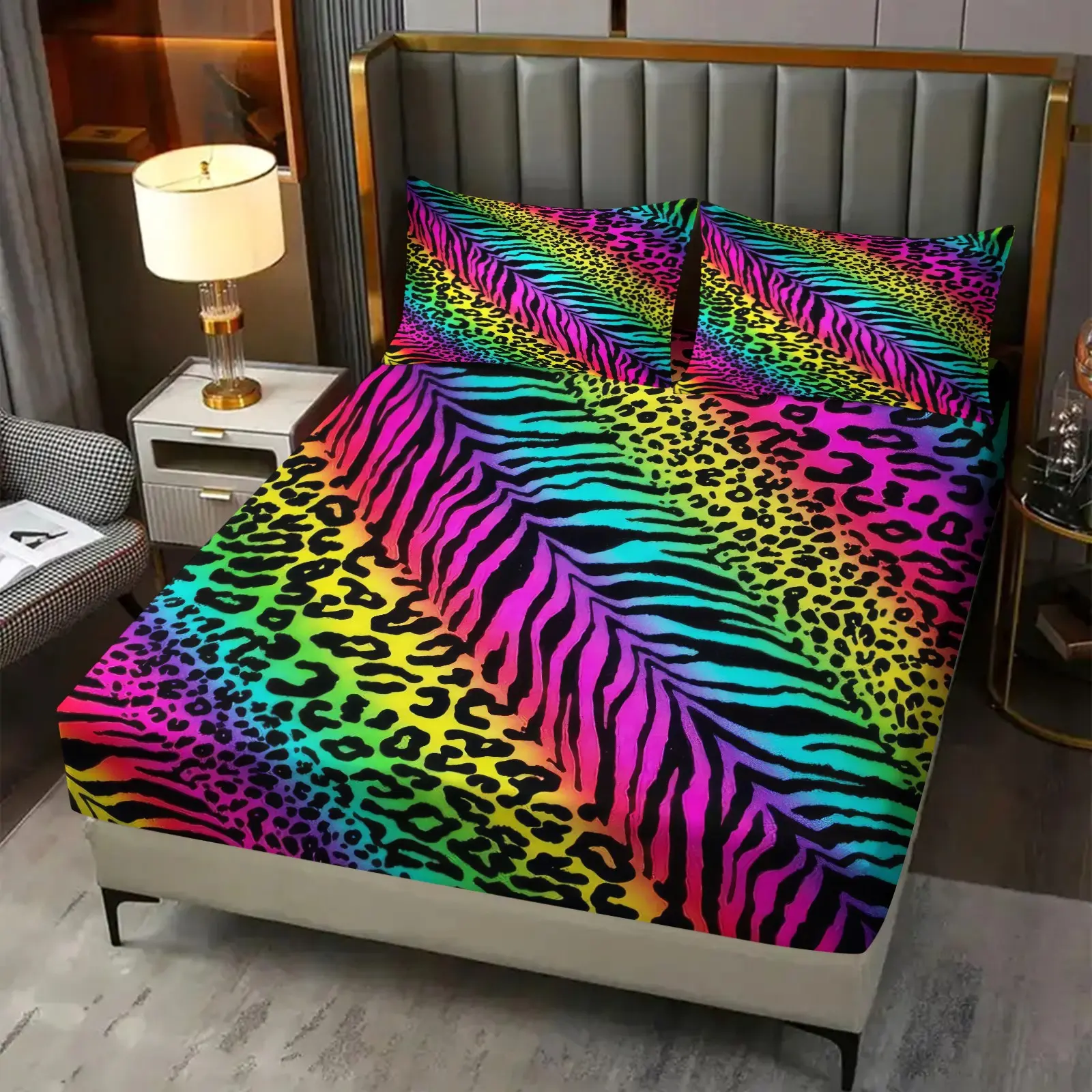 Neon Rainbow Gradient Zebra Print 3‑Piece Fitted Sheet Set, No Filling Included, Polyester Bedding Set, Decor for Trend Teen Master Bedroom, Rainbow Animal Print Glam Suite, Wild Colorful Jungle Pattern Themed Bedroom