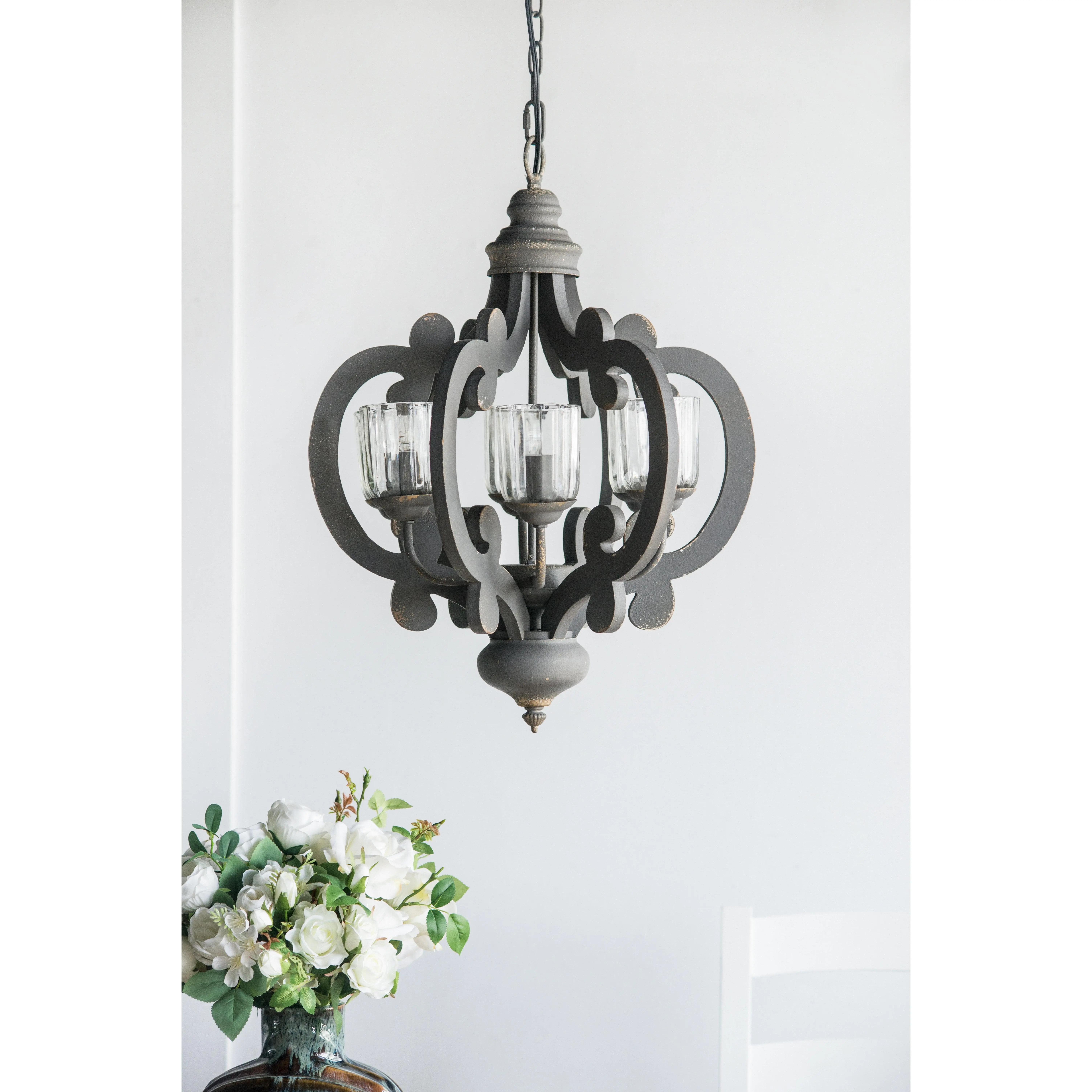 Nokaa Farmhouse 6-Light Wood Chandelier Pendant Light Fixture with Adjustable Chain for Dining Room Living Room Entryway, Bulb Not Included, Gray Finish, Cottage Coastal Style Hanging Ceiling Lamp for Kitchen Island Bedroom Hallway Foyer