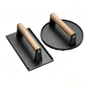 Burger Press, Smash Burger Press for Blackstone Griddle, Heavy Duty Cast Iron Round 6.9In & Rectangular 8.2x4.2In Bacon Grill Press with Wood Handle, Meat Steak Weight for Sandwich, Paninis