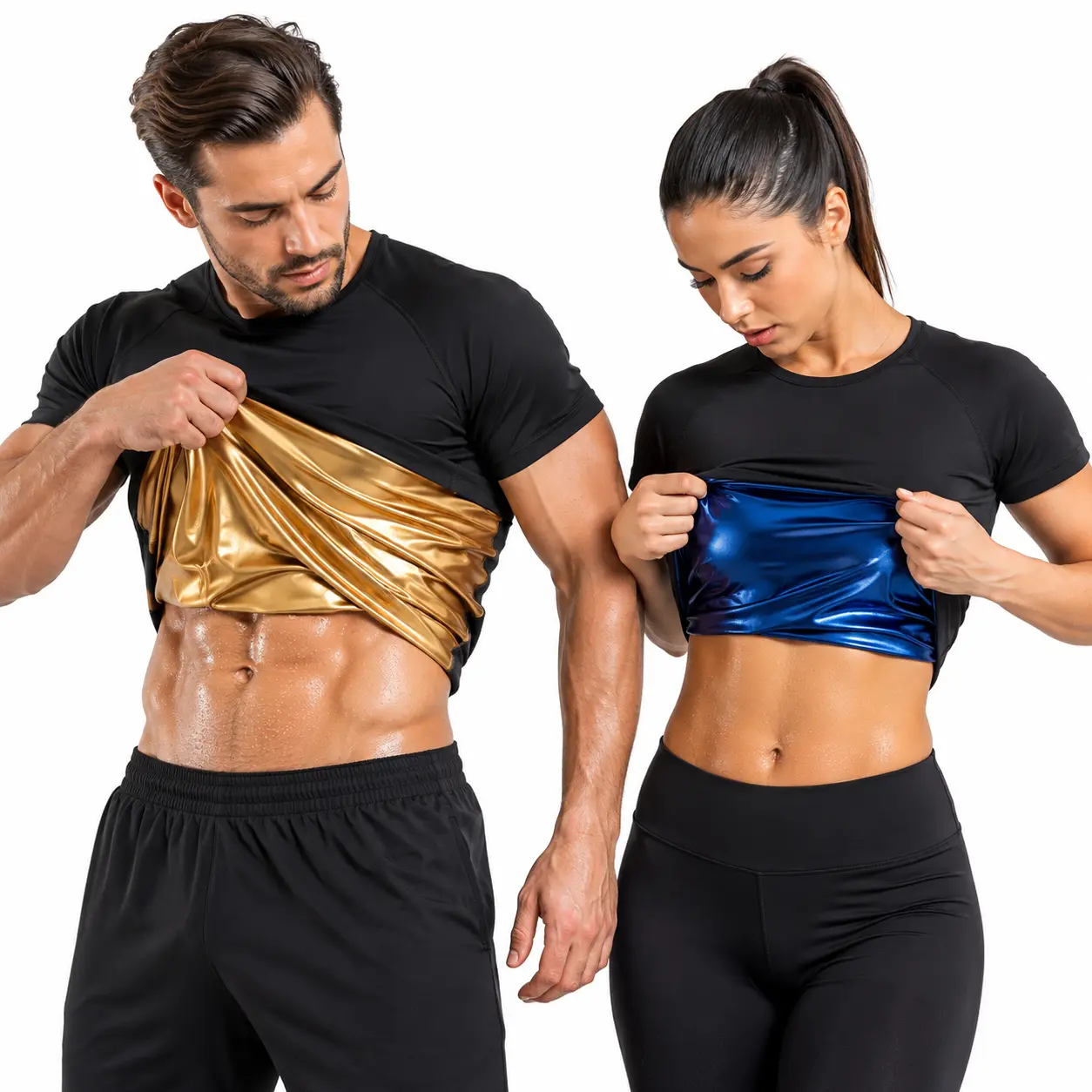Unisex Sauna Sweat Shirt for Men and Women, Short Sleeve Heat-Trapping Workout Top with Metallic Inner Lining, Slim Fit Exercise Tee with Gold or Blue Lining for Gym, Cardio, Running, Boxing, Training, Fitness, Indoor Cycling and Everyday Activewear