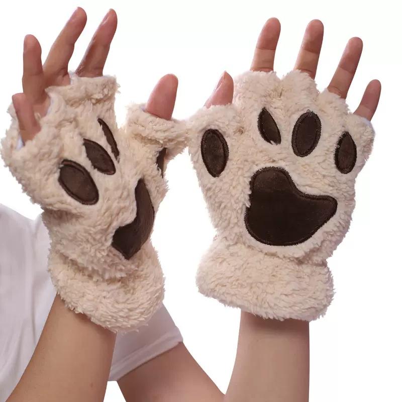 Cartoon Cute Cat Claw Paw Gloves Women Plush Mittens Warm Soft Plush Short Fingerless Fluffy Bear Cat Gloves Costume Half Finger
