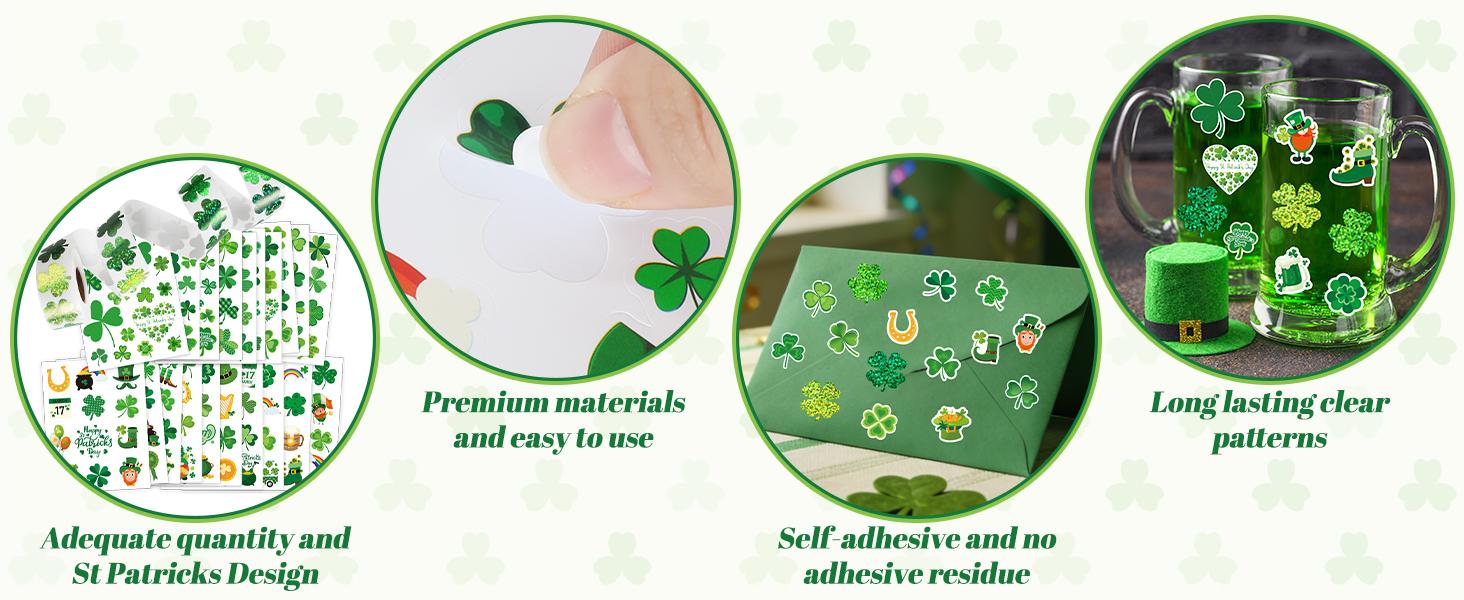 600 Pcs St Patricks Day Stickers, Glitter Shamrock Stickers Roll Green Lucky Sparkly Four Leaf Clover Sticker for Irish Holiday Party Favors Supplies St Patricks Day Decorations Accessories Craft Gift