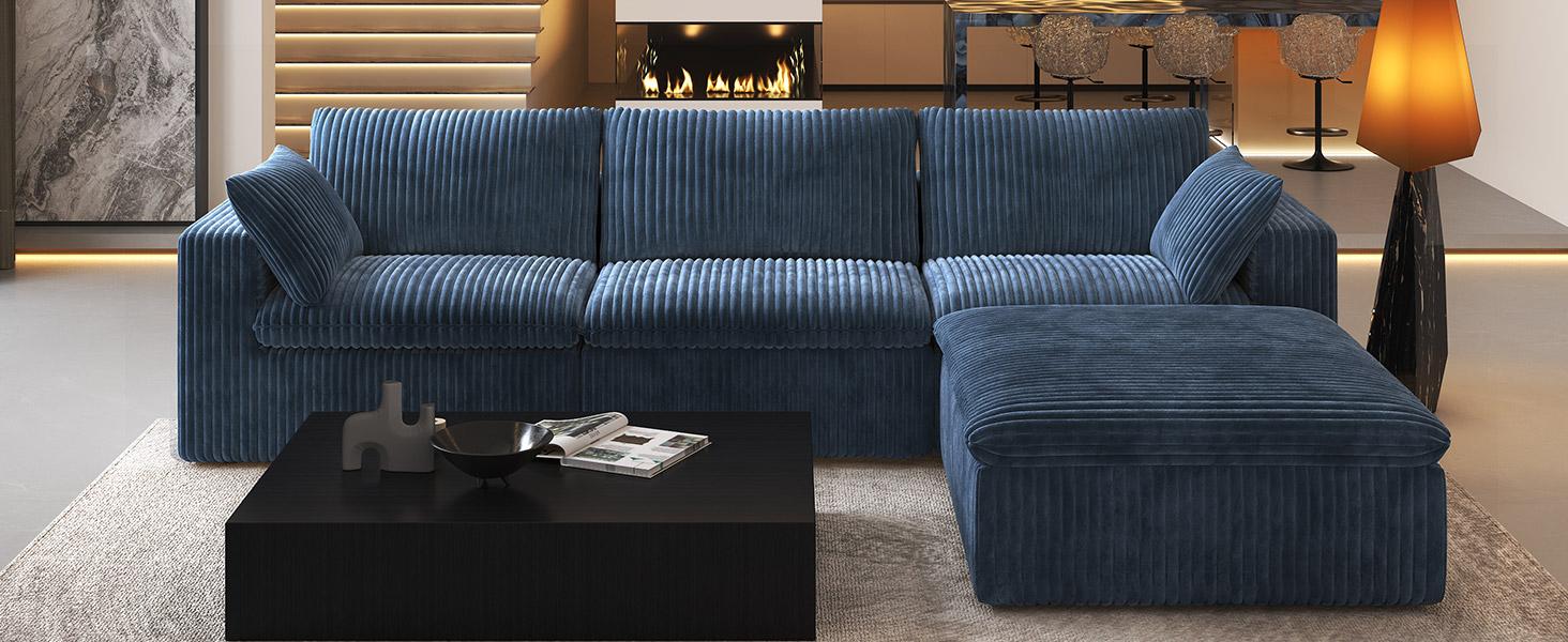 ARCH 78.74" L Shaped Modern Sofa Modular Sectional Cloud Couch with Ottoman,Upholstered Couches with Plush Corduroy Fabric for Living Room Furniture,Bedroom and Apartment,No Assembly Required,Blue