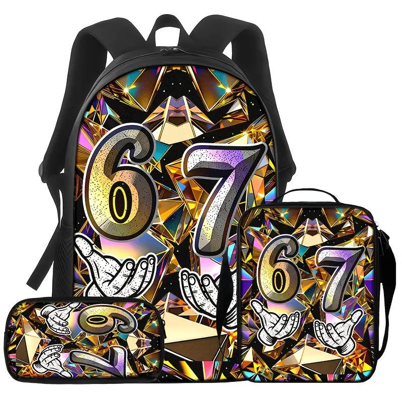 Kids' 3-Piece Metallic 6&7 Number Crystals Backpack Set - Geometric Art Gold School Bookbag with Lunch Bag & Pencil Case, Trendy Cartoon Hands Daypack, Back to School Zippered Bags Gift, Backpacks For Kids