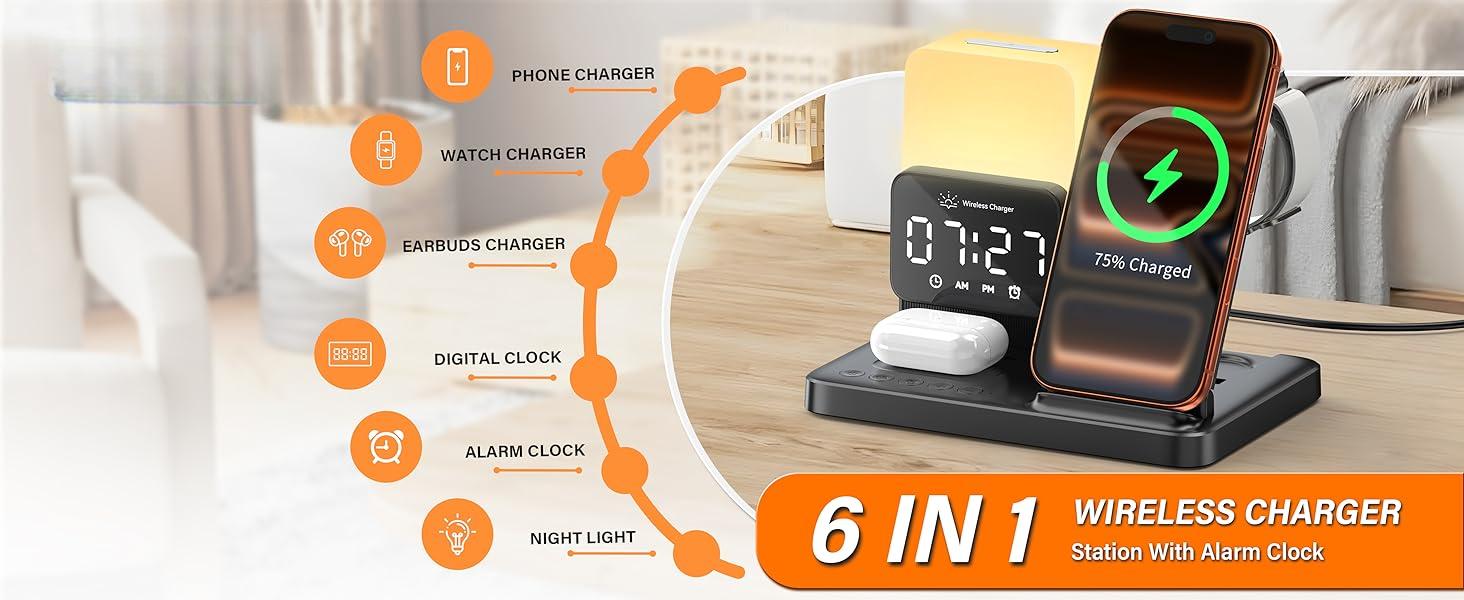 6-in-1 Wireless Charging Station, Charger Stand for Apple Multiple Devices, for iPhone 17 16 15 14 13 12 Pro Max Watch Airpods, Wireless Charger iPhone Charging Station with Night Light/Alarm Clock