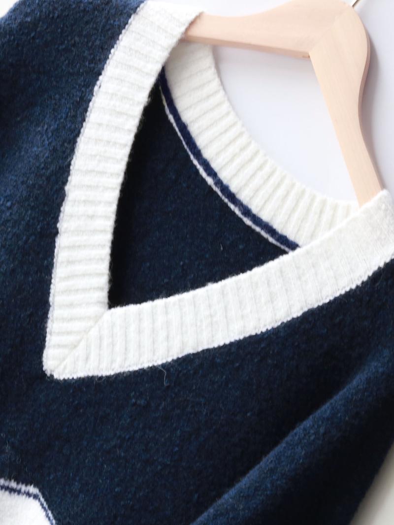 【Plus Size】 Figure Pattern Knit Sweater, Casual Long Sleeve V Neck Jumper for Fall & Winter, Women's Plus Clothing for Daily Wear