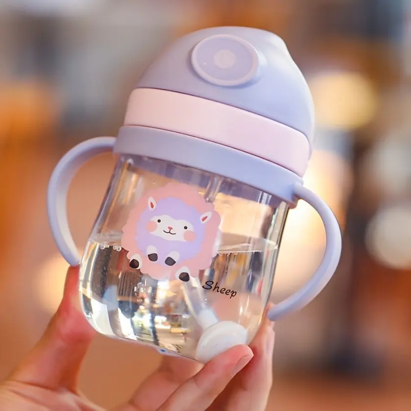 Cute Lamb Kids Water Cup, Non-Toxic Plastic Material, Dual Handle Straw Sippy Cup, Soft, Cartoon Style, Ideal for Home, Travel, Daycare