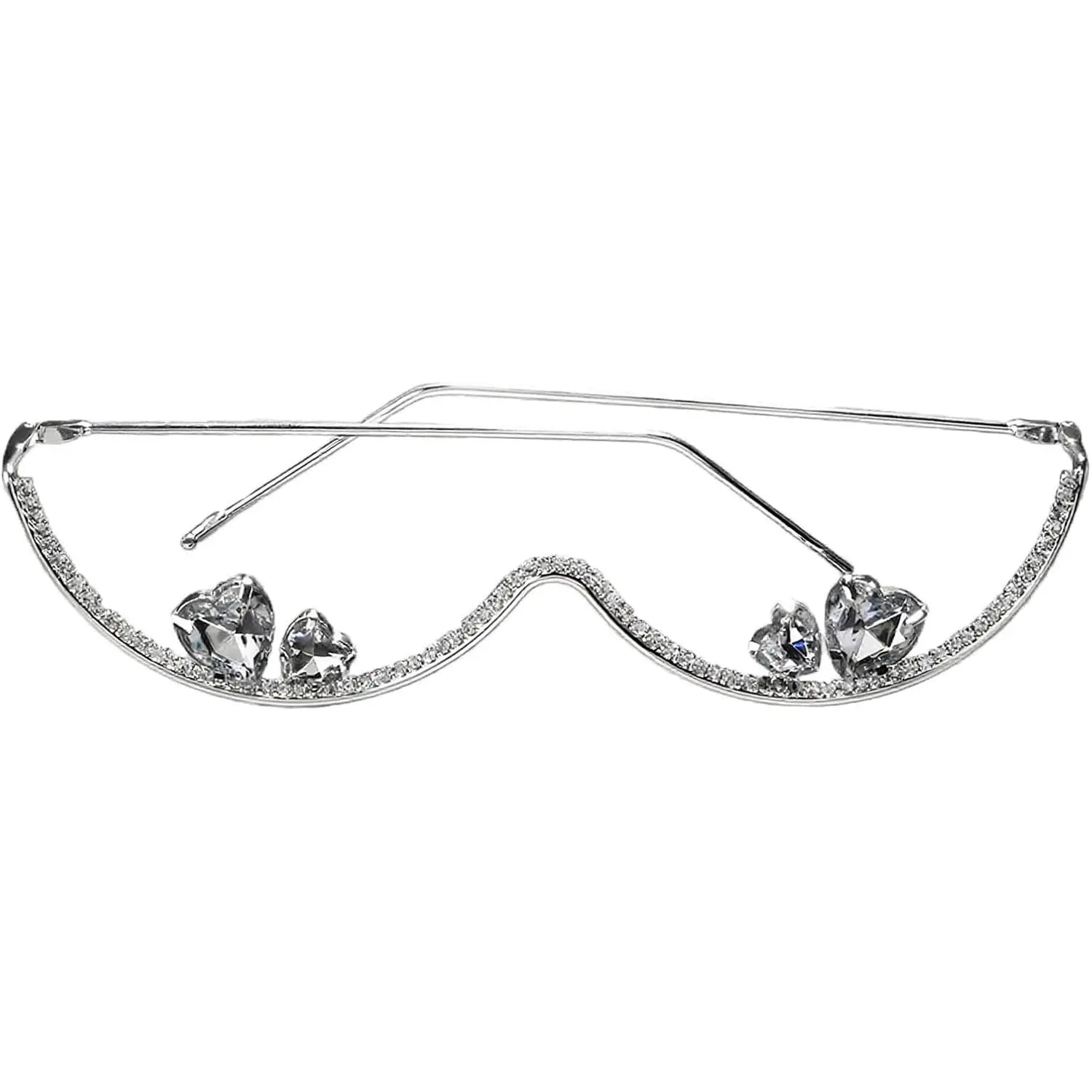 No Lens Rhinestone Glasses Frame,Sparkly Half Enclosure Eye Glasses,Heart   Decor Metal Eyeglass
