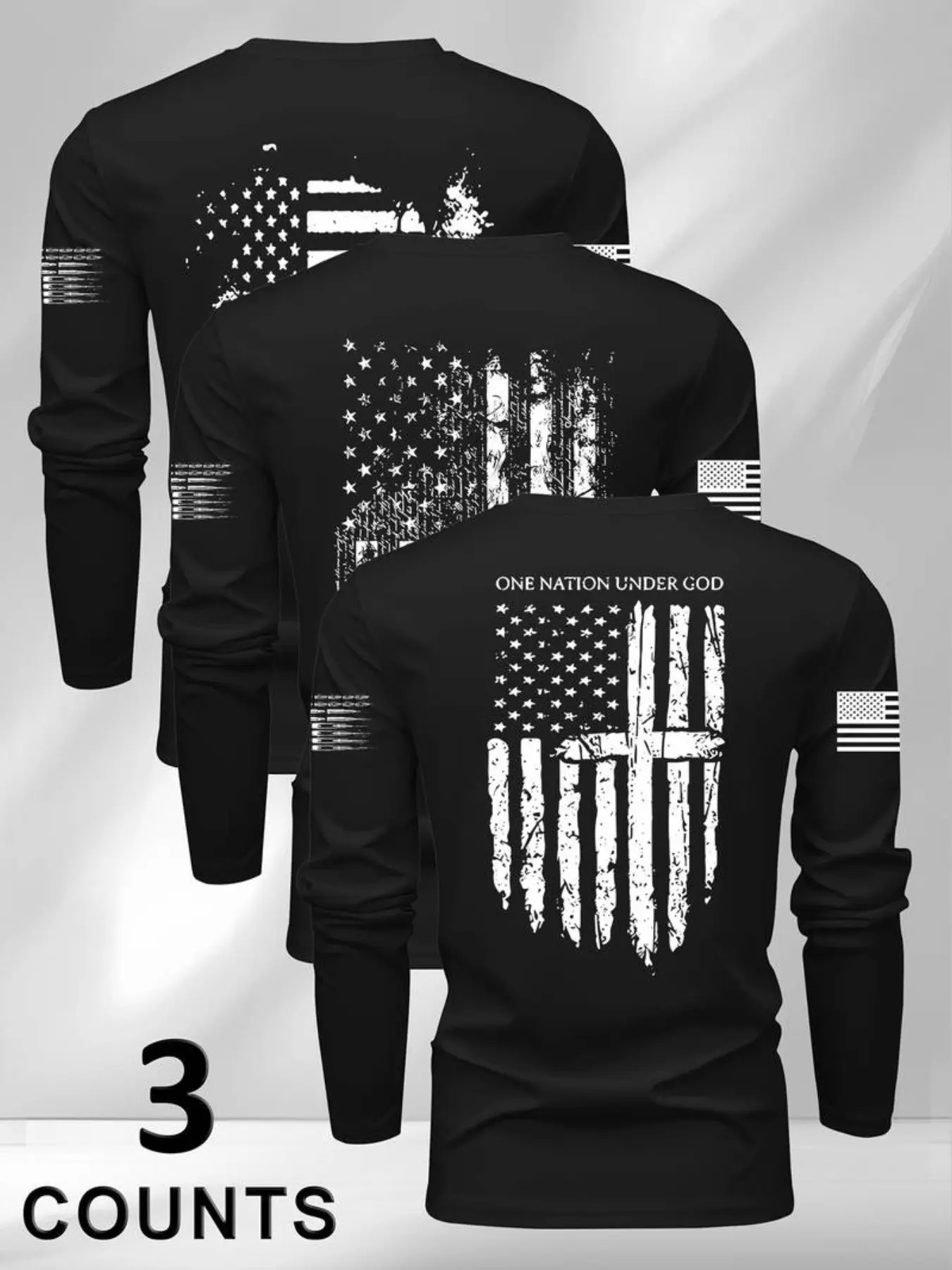 American Vintage Flag Long Sleeve T-Shirt, Men's Elastic Bottom Top, Distressed Military Style, Casual Spring & Fall Innerwear, Fashion T Shirt