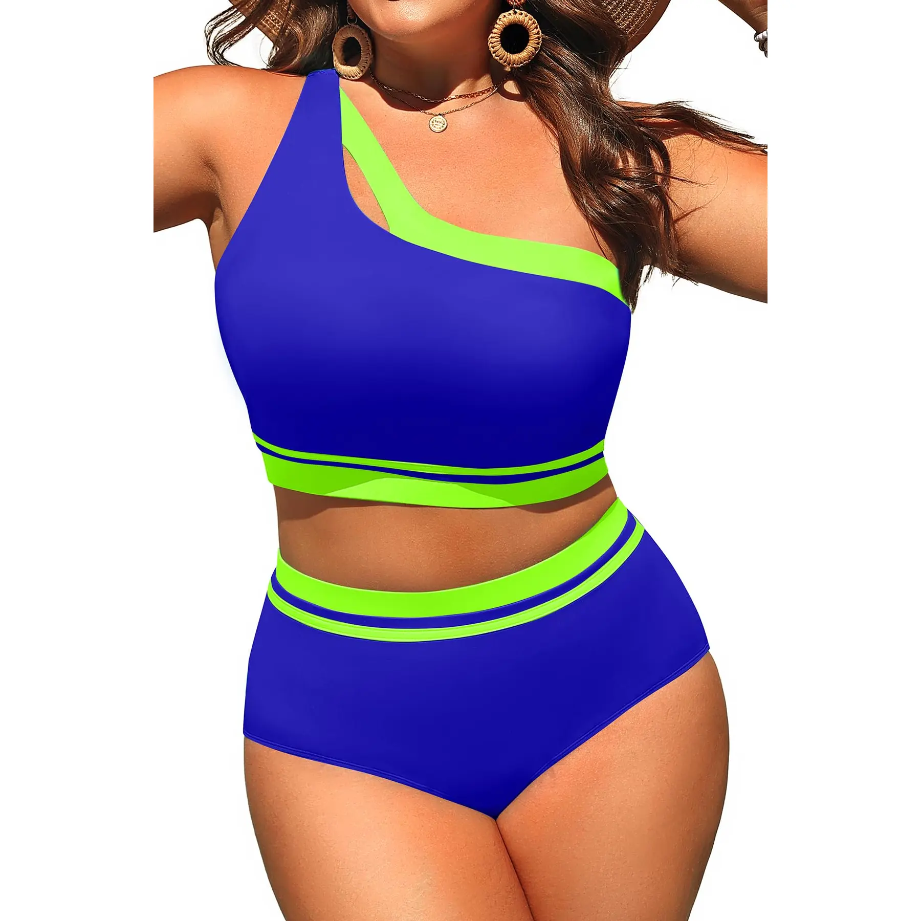 Aqua Eve Women Plus Size High Waisted Bikini One Shoulder Two Piece Swimsuit Color Block Bathing Suits