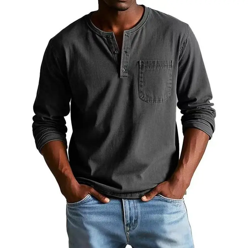 Men's Autumn Winter Crew Neck Long Sleeve Casual Pullover Shirt Slim Fit Breathable Soft Base Layer Henley Top With Chest Pocket Vintage Washed Lightweight Daily Basic Garment
