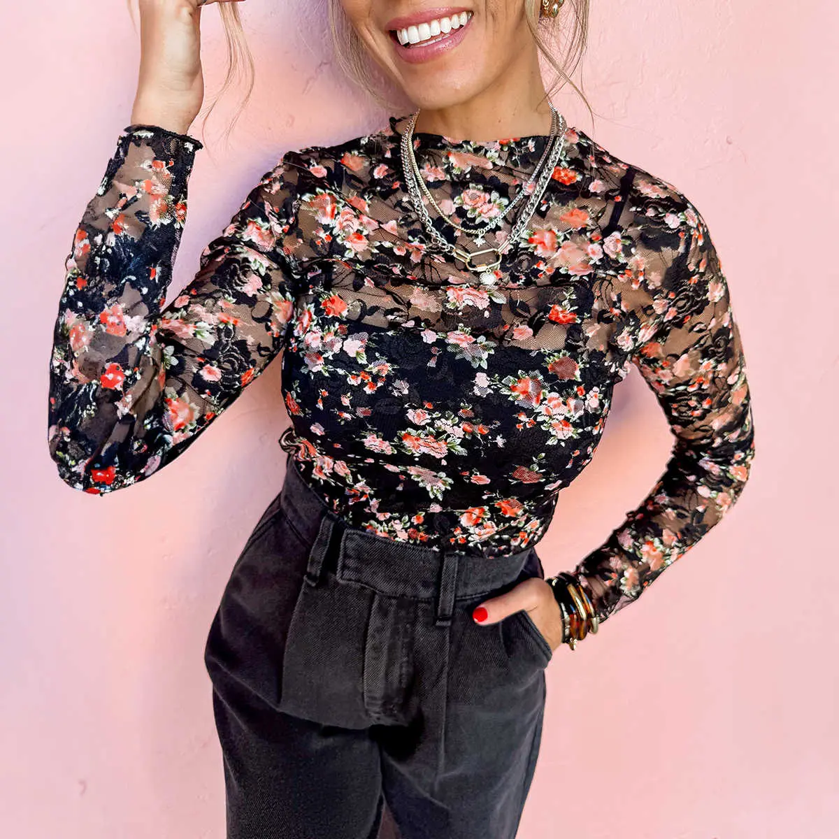 Women's Sheer Floral Mesh Blouse, Long Sleeve Round Neck Top with Lettuce Edge Trim and a Flattering Fit for Everyday Wear, Blouses, Longsleeves