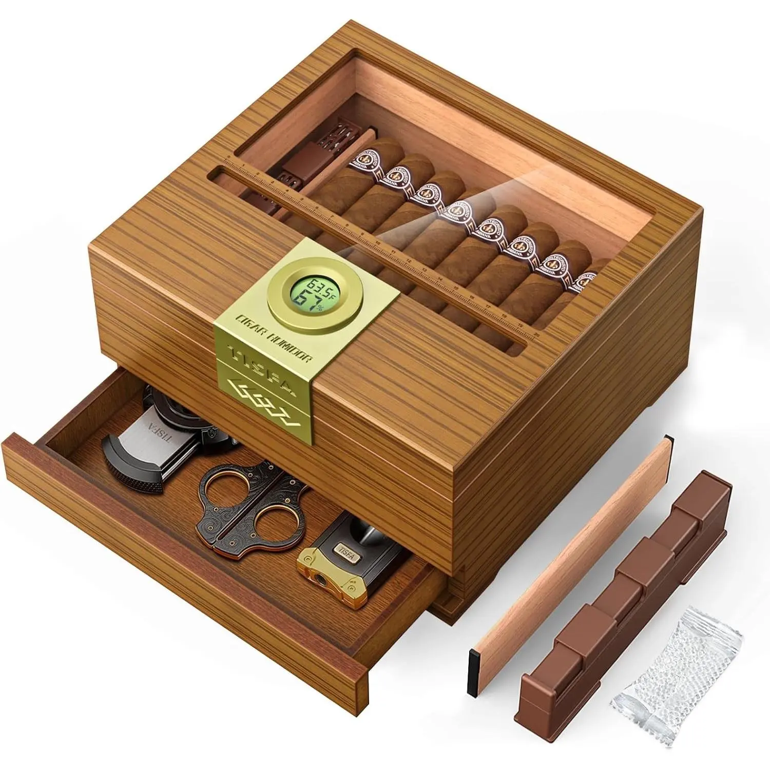 Cigar Box Handcrafted Humidor with Hygrometer and Humidifier (Light) | Cedar Wooden Humidor Case with Drawer, Divider, Cigar Length Gauge, Desktop Humidor Box Gifts Cigar AccessoriesGift