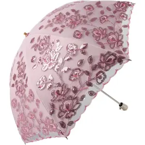 Vintage Lace UV Sun Parasol Folding 3D Flower Embroidery Umbrella