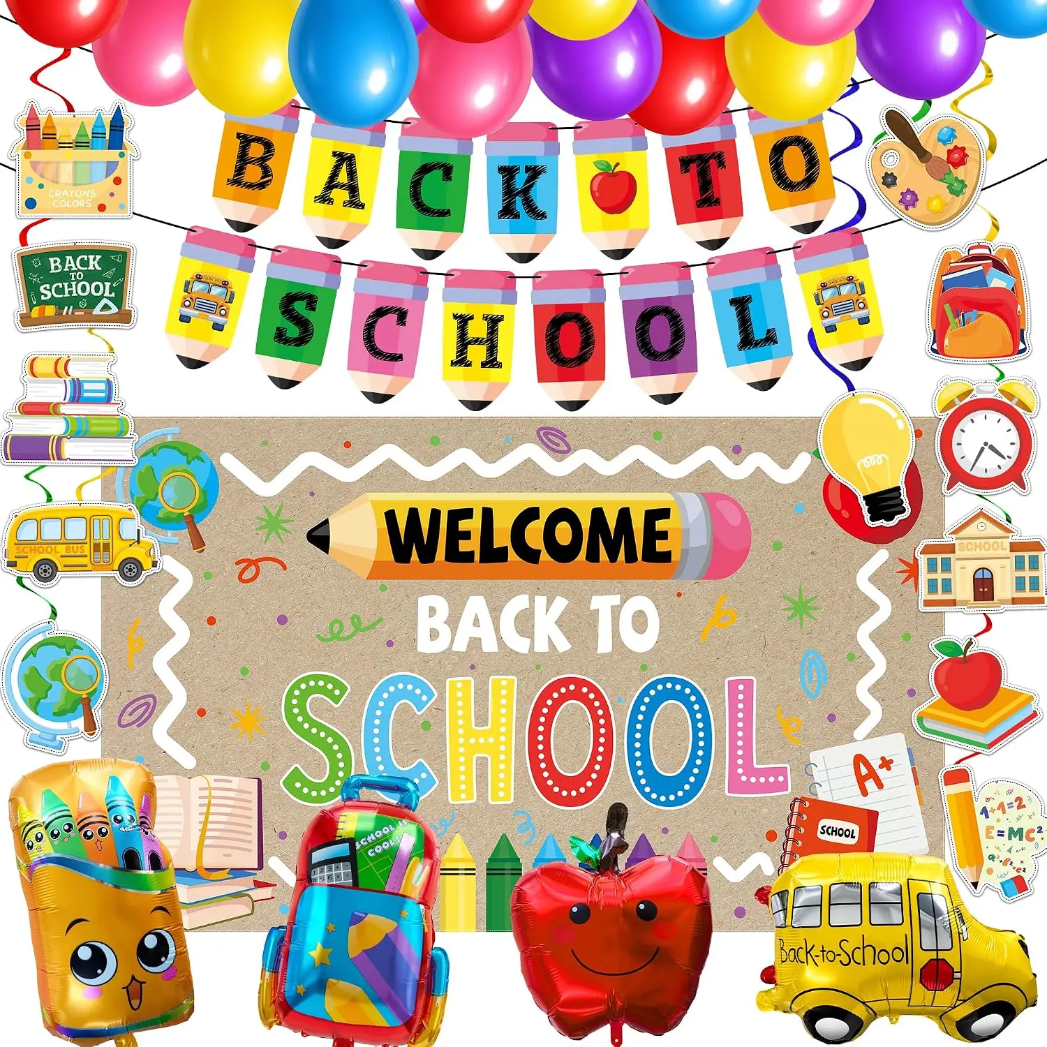 Back to School Decorations 45Pcs, Backdrop Banner Hanging Swirls Latex Balloons Set, First Day of School Party Supplies