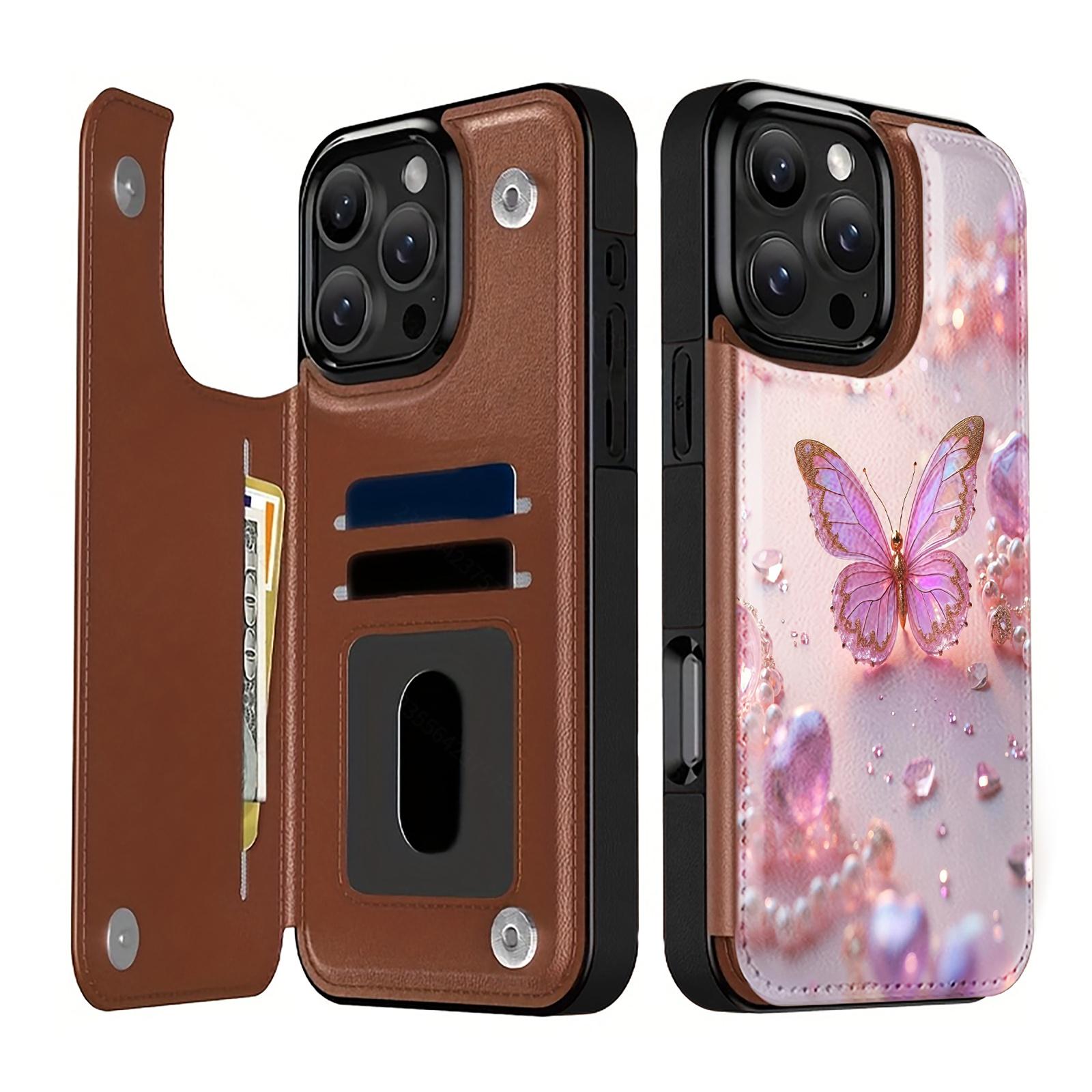 Beautiful Pink Butterfly Jewelry Design Pattern Leather Card Holder Phone Case,for iPhone 17 16 15 14 13 12 11 Pro ProMax Plus  Air series , Samsung Galaxy S25 ULTRA FE Plus S22 S23 FE S24 Plus,Pumpkin,Drink,Note11Pro