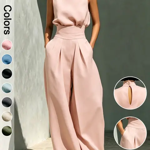Elegant Chic Monochrome Two-Piece Set for Women, Simple Style Minimalist High-Neck Sleeveless Top and Wide Leg Trouser Pants Womenswear Clothes, Outfits Set, Outfit Sets Women