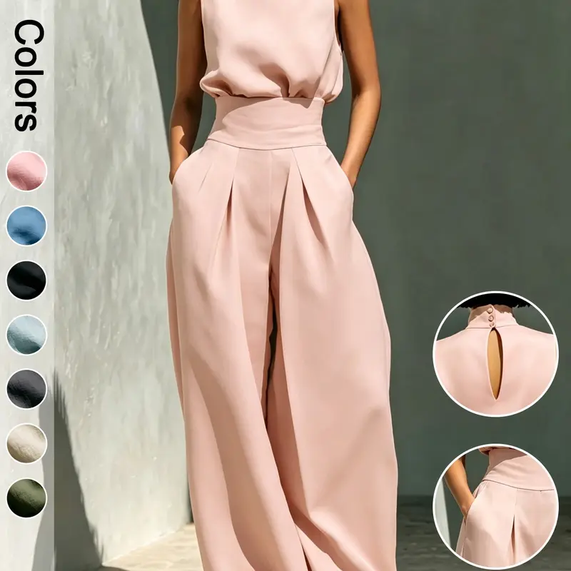 Elegant Chic Monochrome Two-Piece Set for Women, Simple Style Minimalist High-Neck Sleeveless Top and Wide Leg Trouser Pants Womenswear Clothes, Outfits Set, Outfit Sets Women