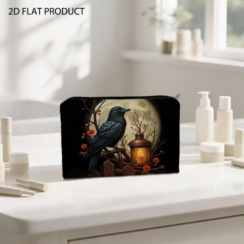 Gothic Night Scene Print Makeup Bag, Vintage Cosmetic Bag, Double-sided Design with Detailed Black Crow on Fence, Lit Lantern & Full Moon Pattern, 5.9*8.66inch Portable Organizer, Ideal for Storing Cosmetics for Daily Use and Travel