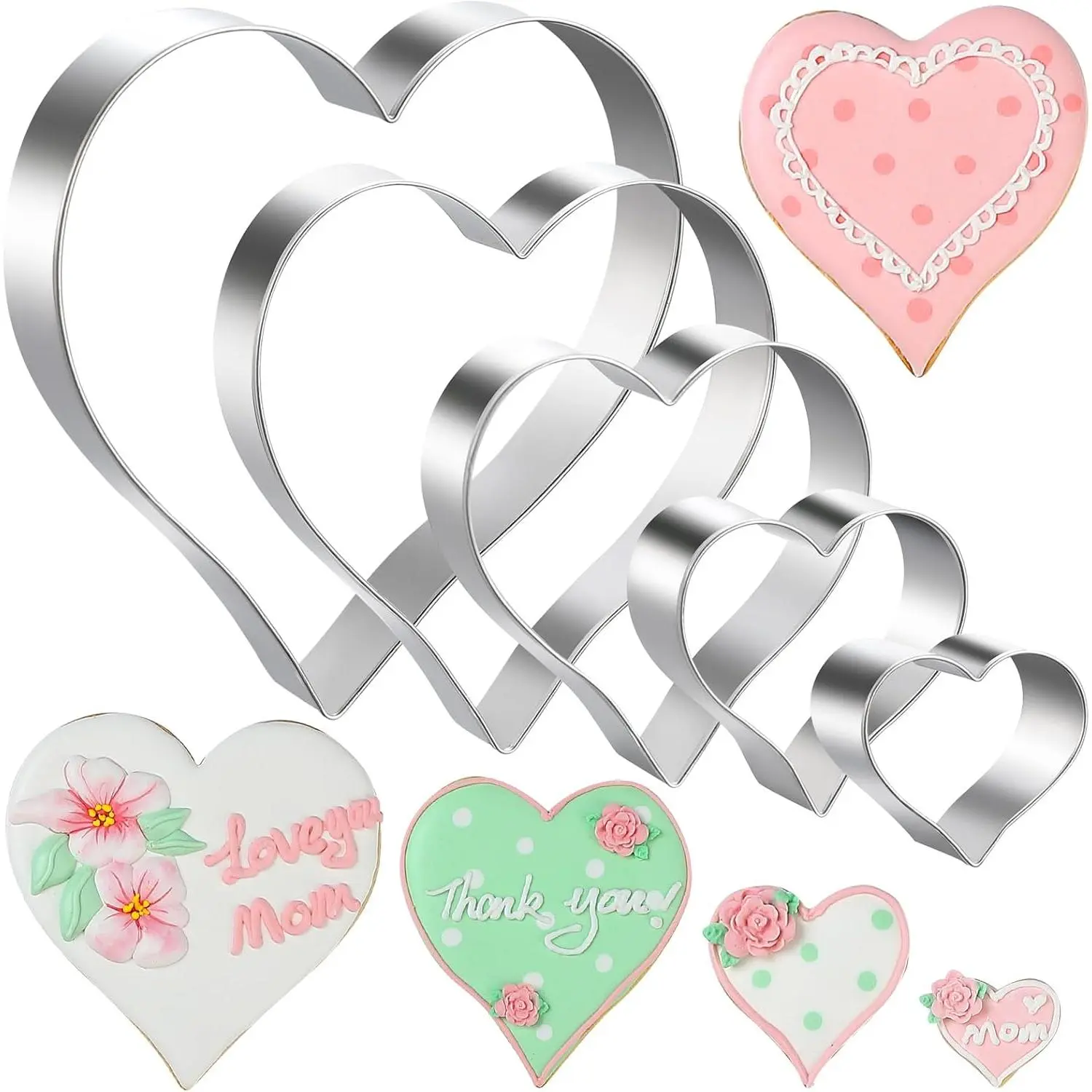 5- Stainless Steel Heart Cookie Cutters Set - Valentine's Day, Birthday, Wedding Baking Tools (1.38" to 4.57") - Dishwasher Safe Fondant & Biscuit Molds