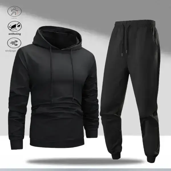 Men's 2-Piece Elastane Polyester Blend Sweatsuit Set - Drawstring Hood Long Sleeve Sweatshirt, Elastic Cuff Jogger Pants, Solid Plain Minimalist Streetwear for City Strolls, Father's Day Gift