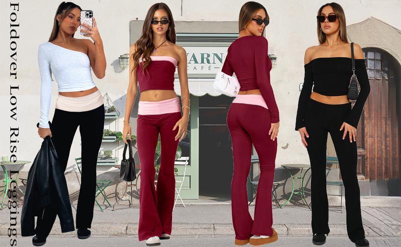 THE WELL KEPT Leggings, Low Rise Bootcut Wide Leg Foldover Yoga Pants Lounge Y2k Bell Bottom Leggings for Women