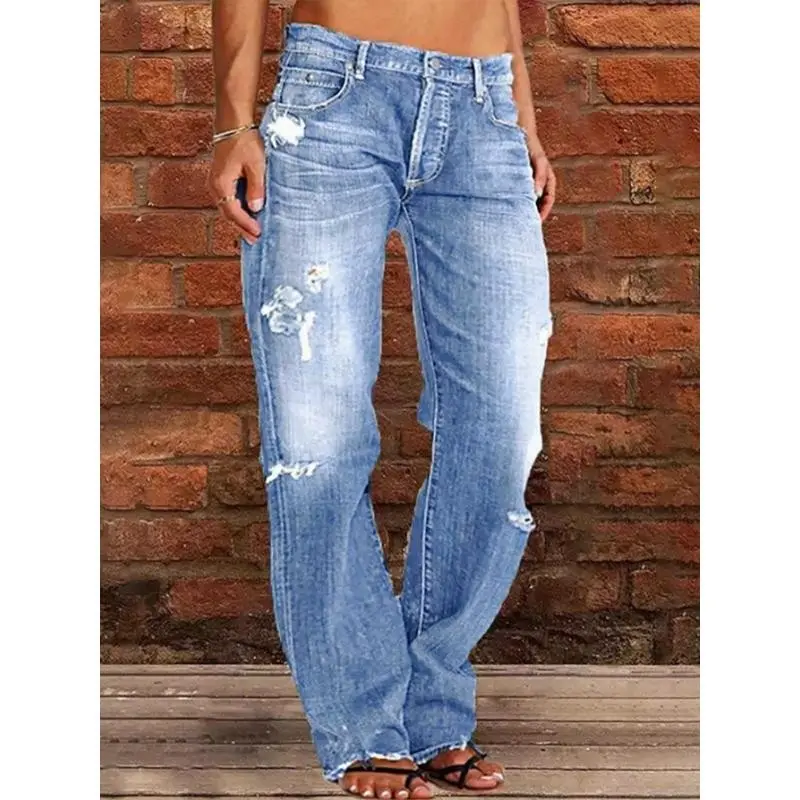 1 Pair Women's Low Rise Ripped Bootcut Wide Leg Stretch Denim Jeans - Vintage Distressed Water-Washed Casual Streetwear, Machine Washable, US Sizes XS-XXL