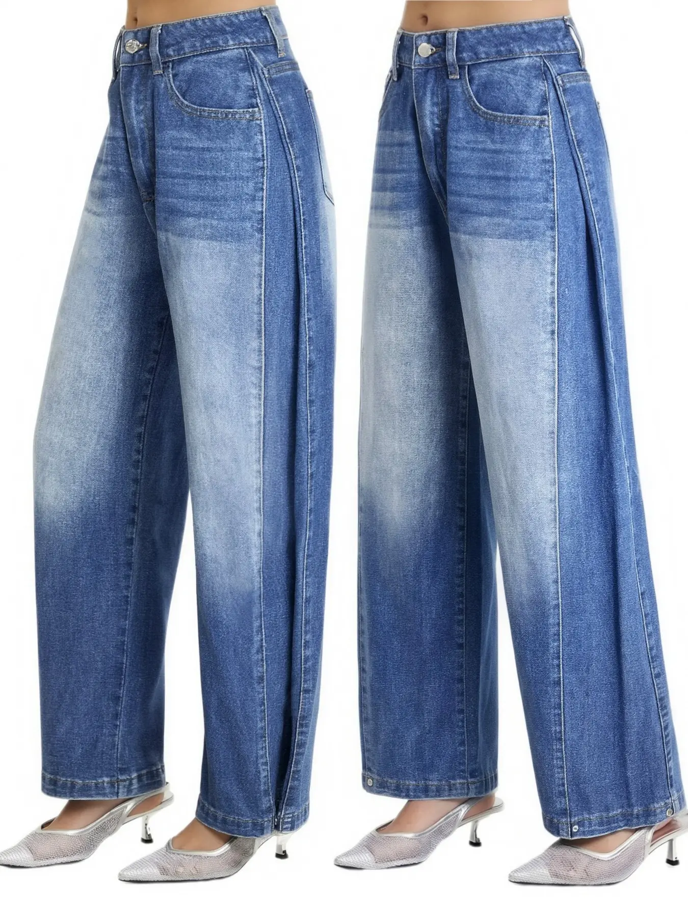 Trendy Vintage American Washed High-Waisted Wide-Leg Women's Jeans, Patchwork Irregular Design, Detachable Hem, Versatile Light Blue Denim Jeans