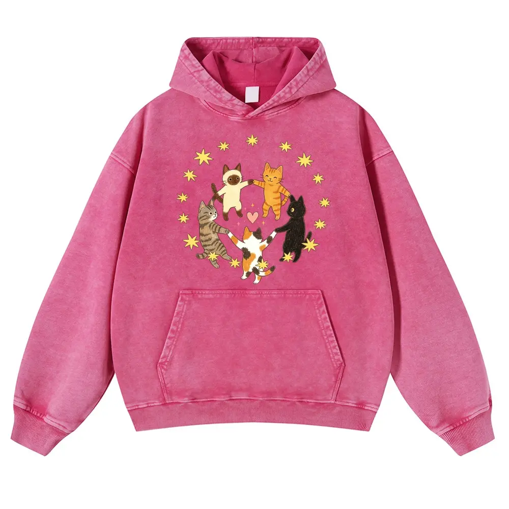 Five Holding Hands Circle Cats Yellow Star Heart Vintage Washed Hoodie 380g Autumn VIntage Washed Hoodie Graphic Sweatshirt
