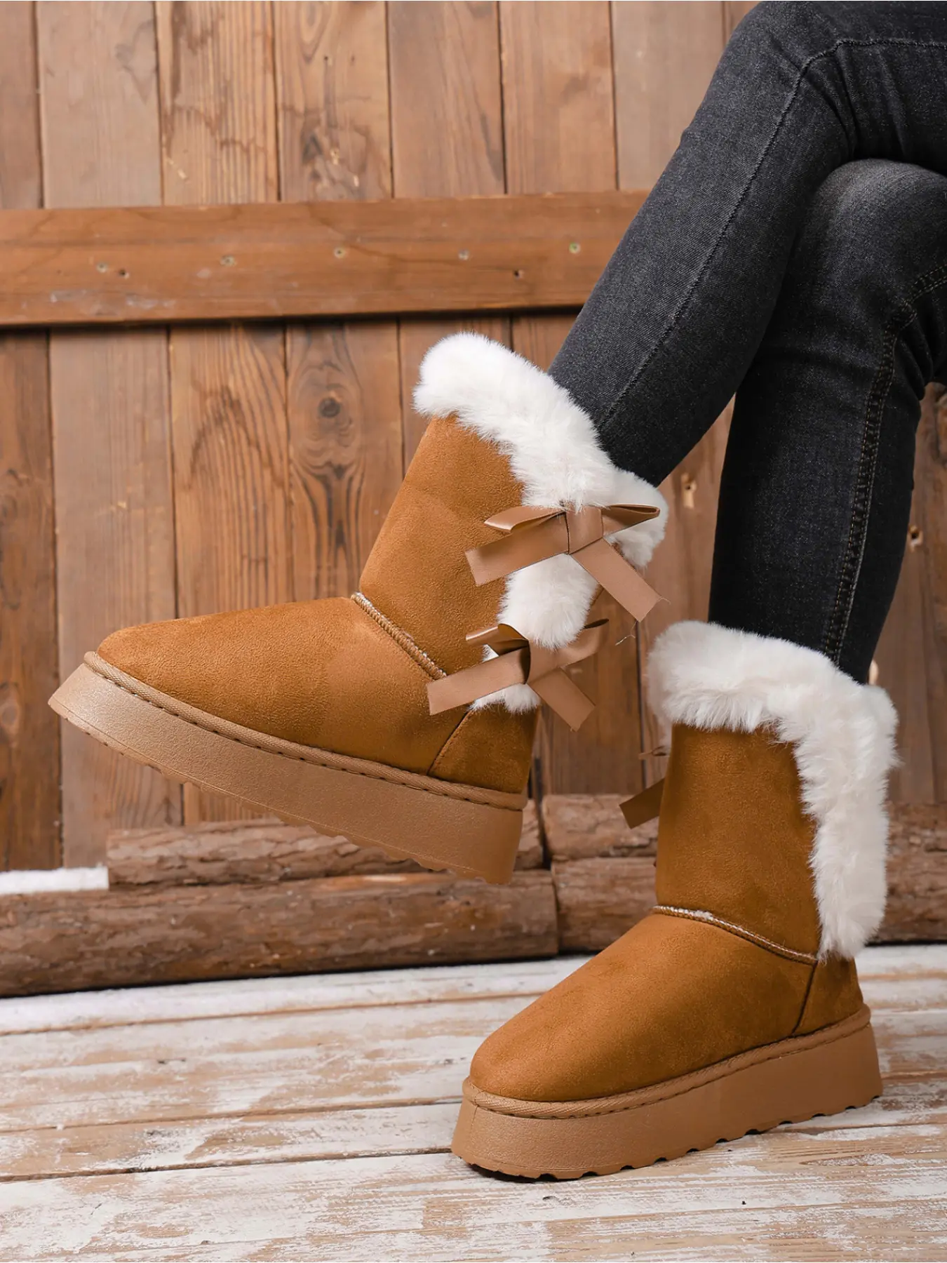 Women's Faux Suede Mid-Calf Snow Boots, Boots with Fur, Fur Trim Double Bow Decor, Warm Comfortable Anti-Slip Winter Boots, Large Sizes, Multiple Colors