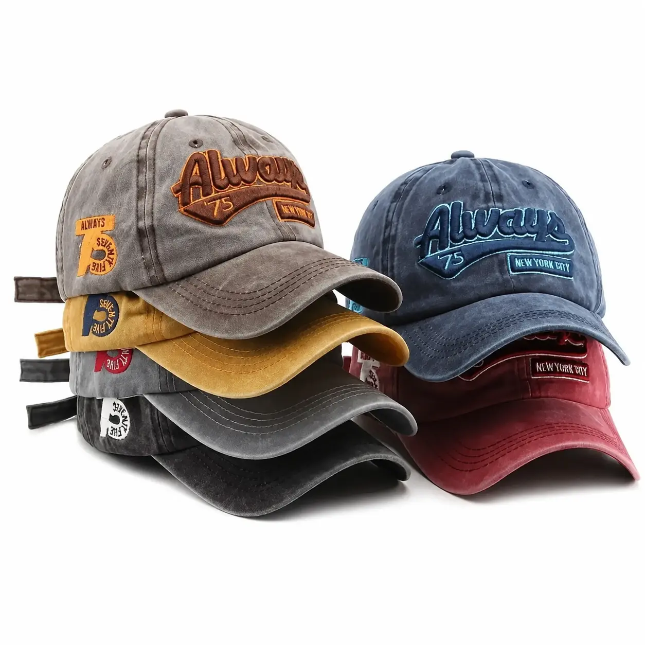 Unisex 5-Piece Adjustable Baseball Caps Set - Soft Cotton Blend Breathable Hats, 1-Size-Fits-All, Subtle 'Always' Embroidered Lettering, Ideal for Sun Protection, Outdoor Activities, Travel, One-Size-Fits-All