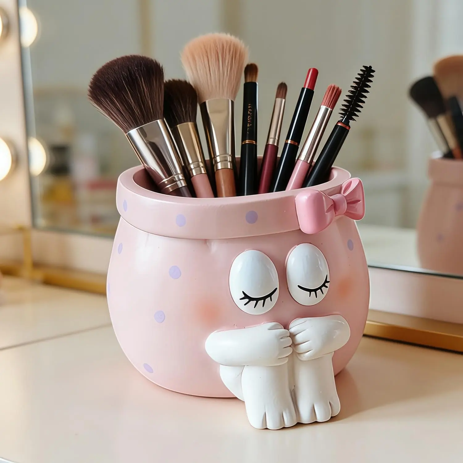 Cute Cartoon Makeup Brush Storage Bucket, Cosmetic Storage Box, Lidded Creative Desktop Organizer, Large Capacity Resin Pen Holder, Decorative Entryway Shelf